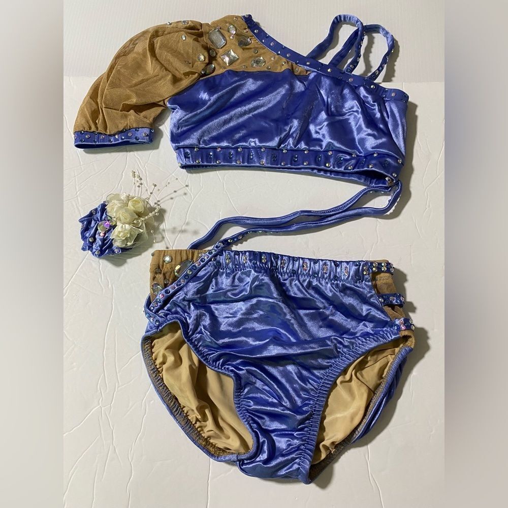 Custom made dance costume blue bling 2 piece style LC-large child